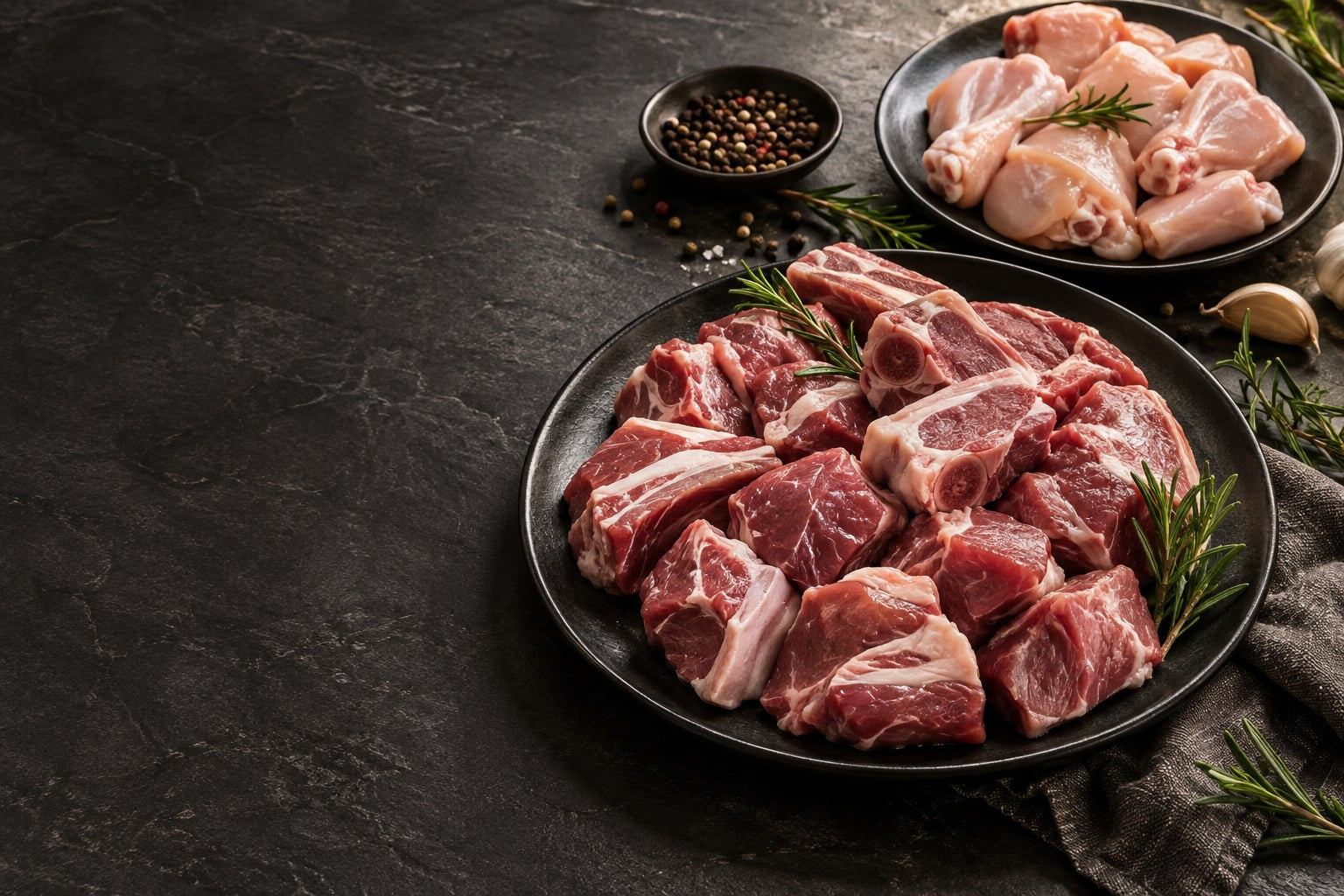 Fresh mutton and chicken on serving platters