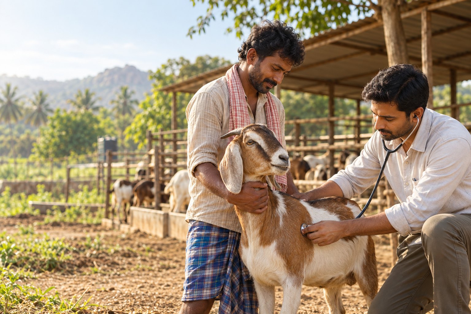 Illustrative scene of a livestock caretaker and veterinary professional examining a goat